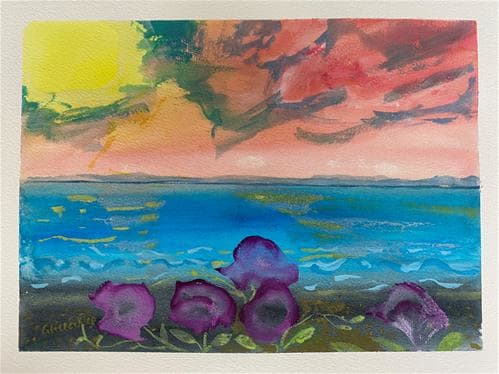 Sea sunset with Flowers by Alice Eckles 