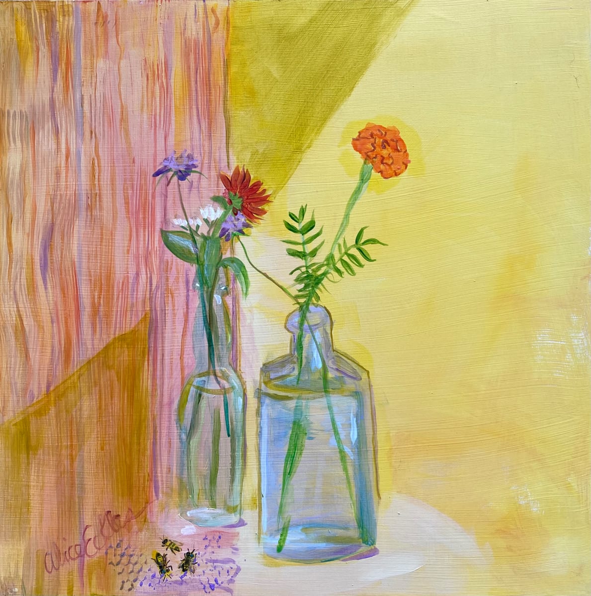 Marigold in blue bottle by Alice Eckles 