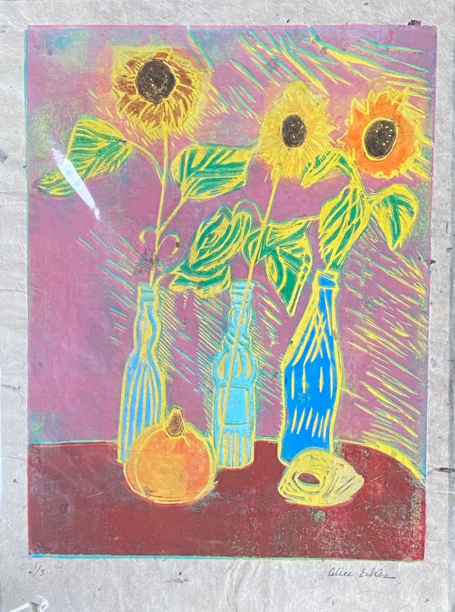 3 sunflowers, woodcut print by Alice Eckles 