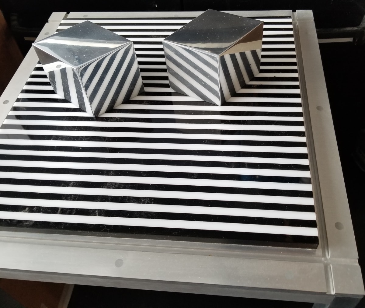 Two Cubes on a Striped Surface Sculpture 3-D by Hans Breder 