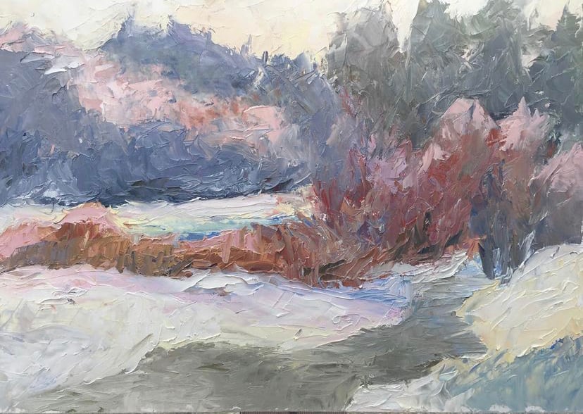 Frozen Wonder - $425 by Susan Barocas  Image: Painted plein air at Lake Bray in the Mt Tom State Reservation.  Gold frame available.