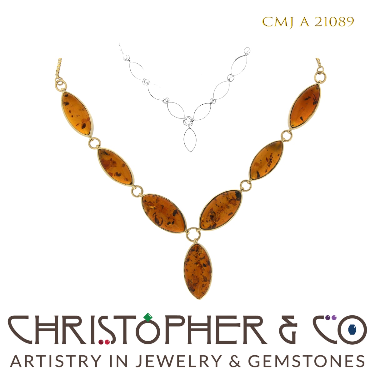 CMJ A 21089 Gold necklace by Christopher M. Jupp set with seven Amber cabachons.  Image: CMJ A 21089 Gold necklace by Christopher M. Jupp set with seven Amber cabachons.