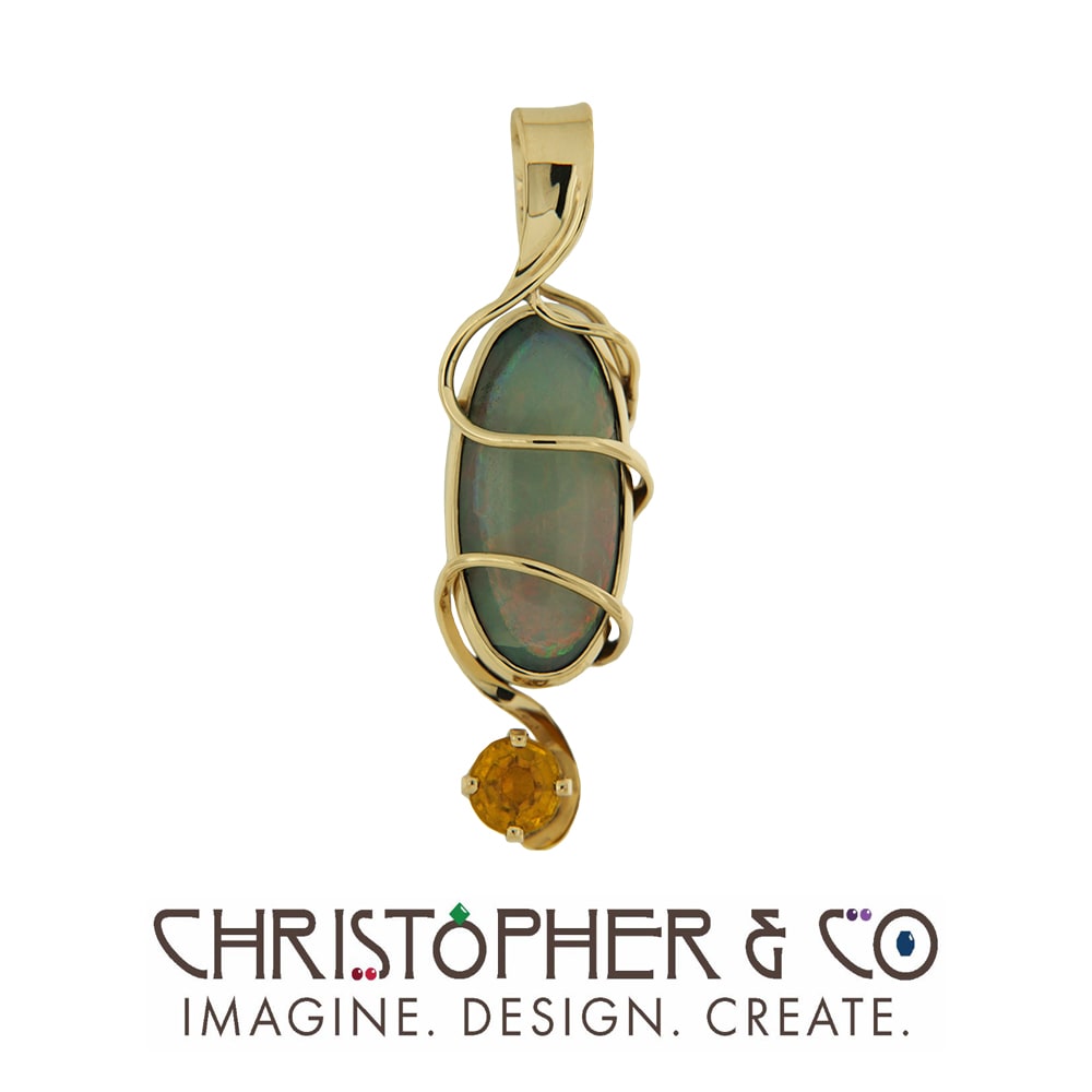 CMJ A 21091  Yellow gold pendant designed by Christopher M. Jupp, set with opal cabachon and yellow citrine. by Christopher M. Jupp  Image: CMJ A 21091  Yellow gold pendant designed by Christopher M. Jupp, set with opal cabachon and yellow citrine.
