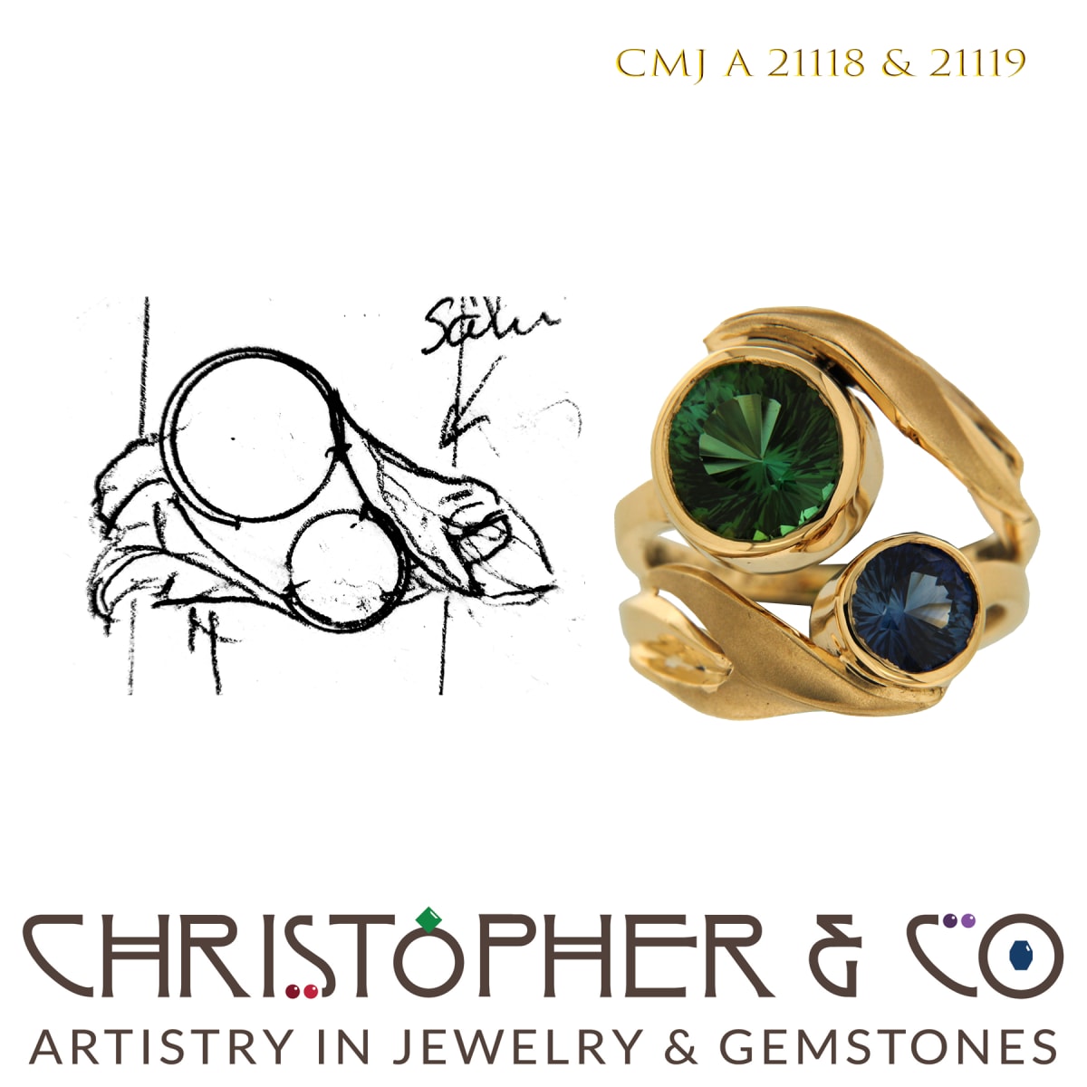 CMJ A 21118 & 21119  Two Gold rings designed by Christopher M. Jupp set with Tourmaline and Sapphire.  Both gems were concave cut by Richard Homer.  Image: CMJ A 21118 & 21119  Two Gold rings designed by Christopher M. Jupp set with Tourmaline and Sapphire.  Both gems were concave cut by Richard Homer.