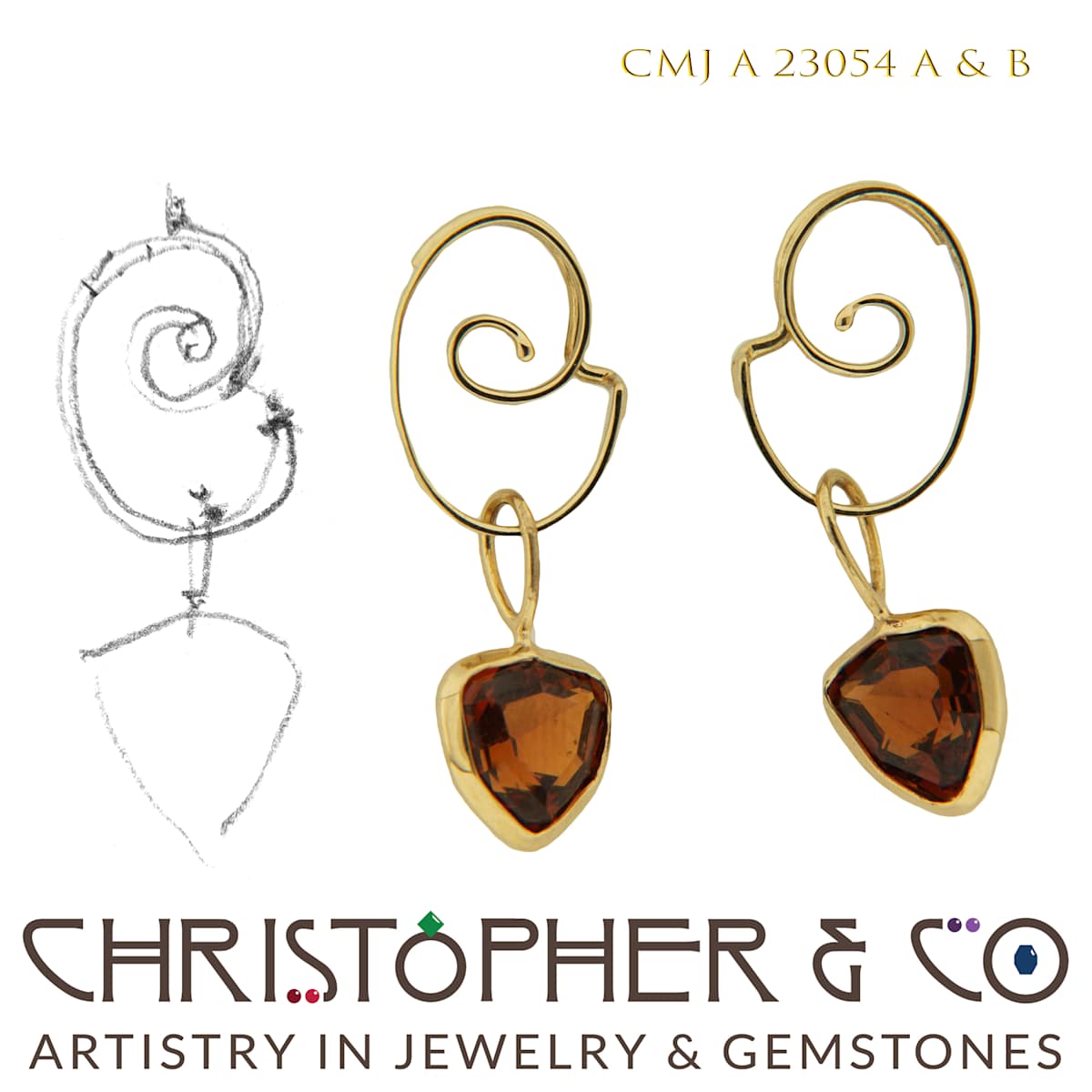 CMJ A 23054 One pair of gold elements set with spessartite garnet and one pair of gold earrings by Christopher M. Jupp. by Christopher M. Jupp  Image: CMJ A 23054 One pair of gold elements set with spessartite garnet and one pair of gold earrings by Christopher M. Jupp.