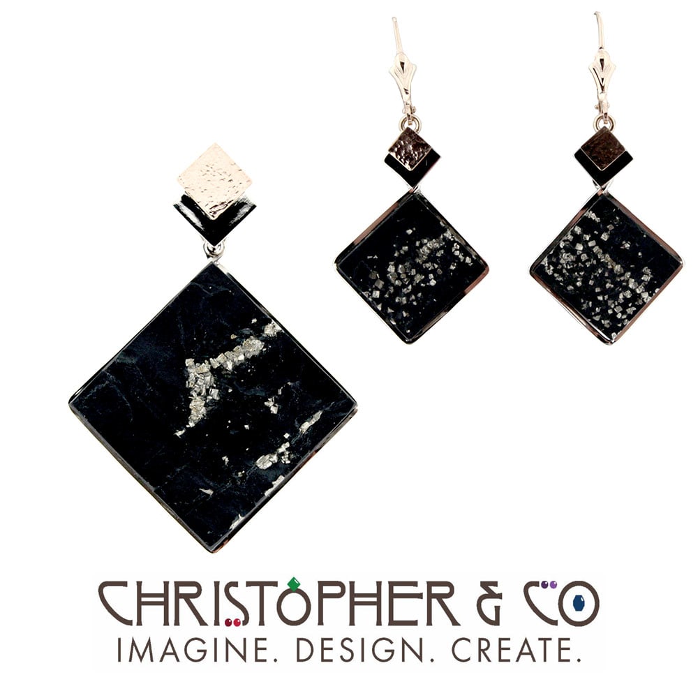 CMJ B 13137 & 13138   Gold Pendant and Earring Set designed by Christopher M. Jupp  Image: CMJ B 13137 & 13138   Gold Pendant and Earring Set designed by Christopher M. Jupp set with slate & pyrite