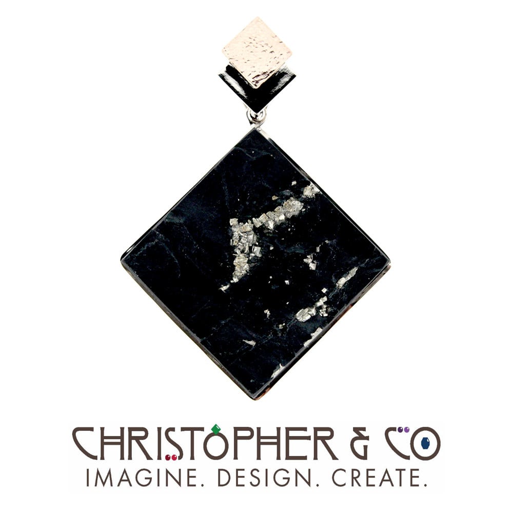 CMJ B 13137    Gold pendant set with slate & pyrite square cabachon designed by Christopher M. Jupp  Image: CMJ B 13137    Gold pendant set with slate & pyrite square cabachon designed by Christopher M. Jupp