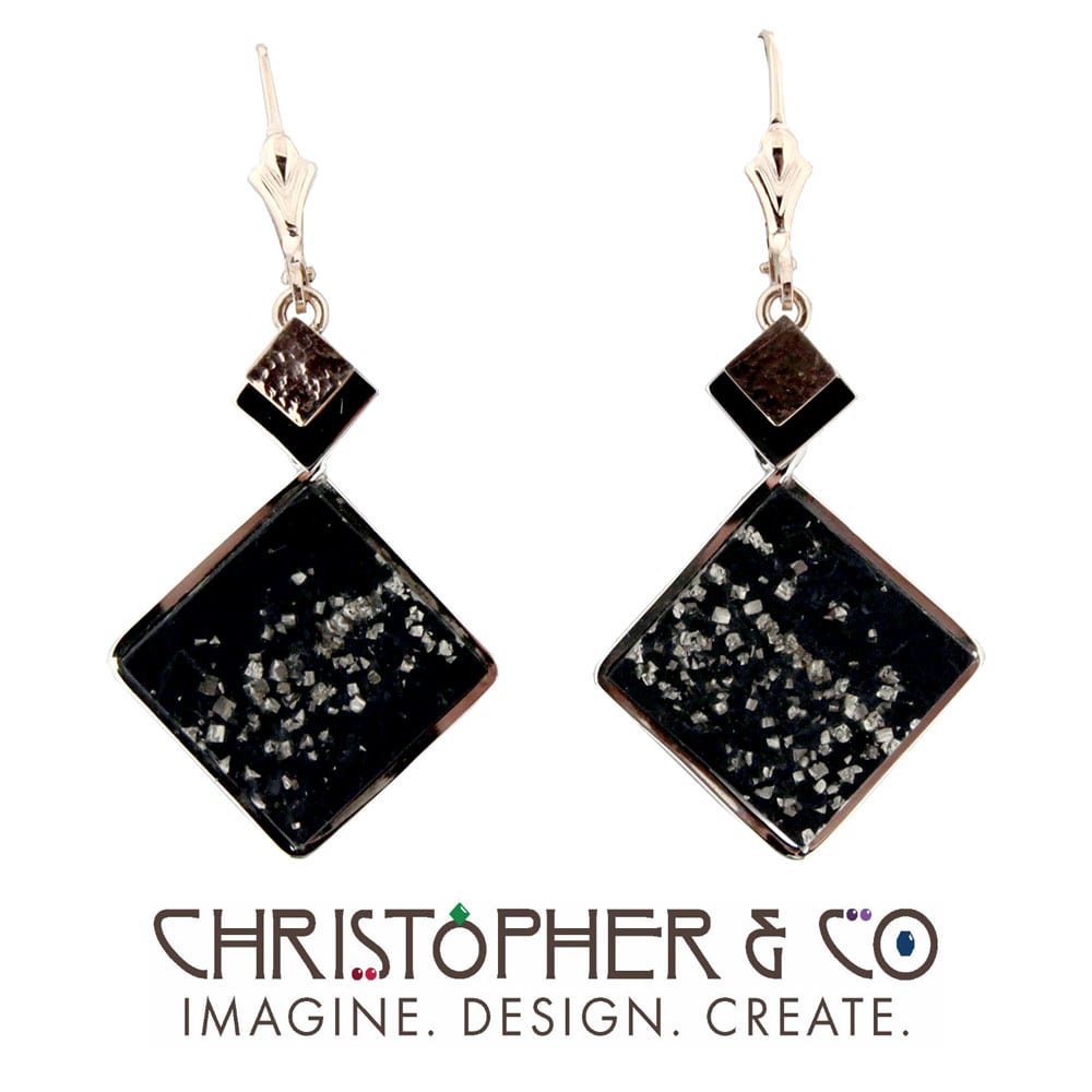 CMJ B 13138    Gold earring pair set with slate & pyrite cabochons designed by Christopher M. Jupp  Image: CMJ B 13138    Gold earring pair set with slate & pyrite cabochons designed by Christopher M. Jupp
