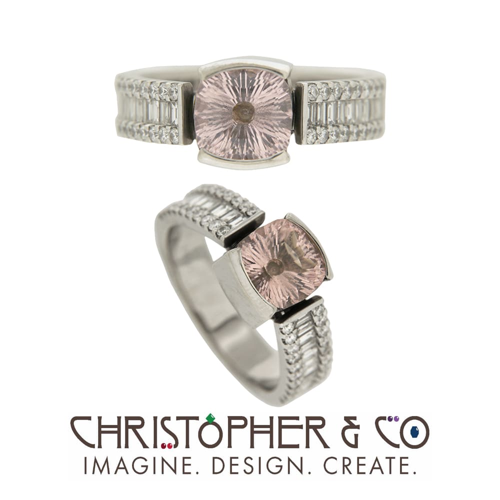 CMJ C 21067  14 karat white gold ring set with diamonds and square cushion concave cut morganite handcut by Richard Homer.  Image: CMJ C 21067  14 karat white gold ring set with diamonds and square cushion concave cut morganite handcut by Richard Homer.