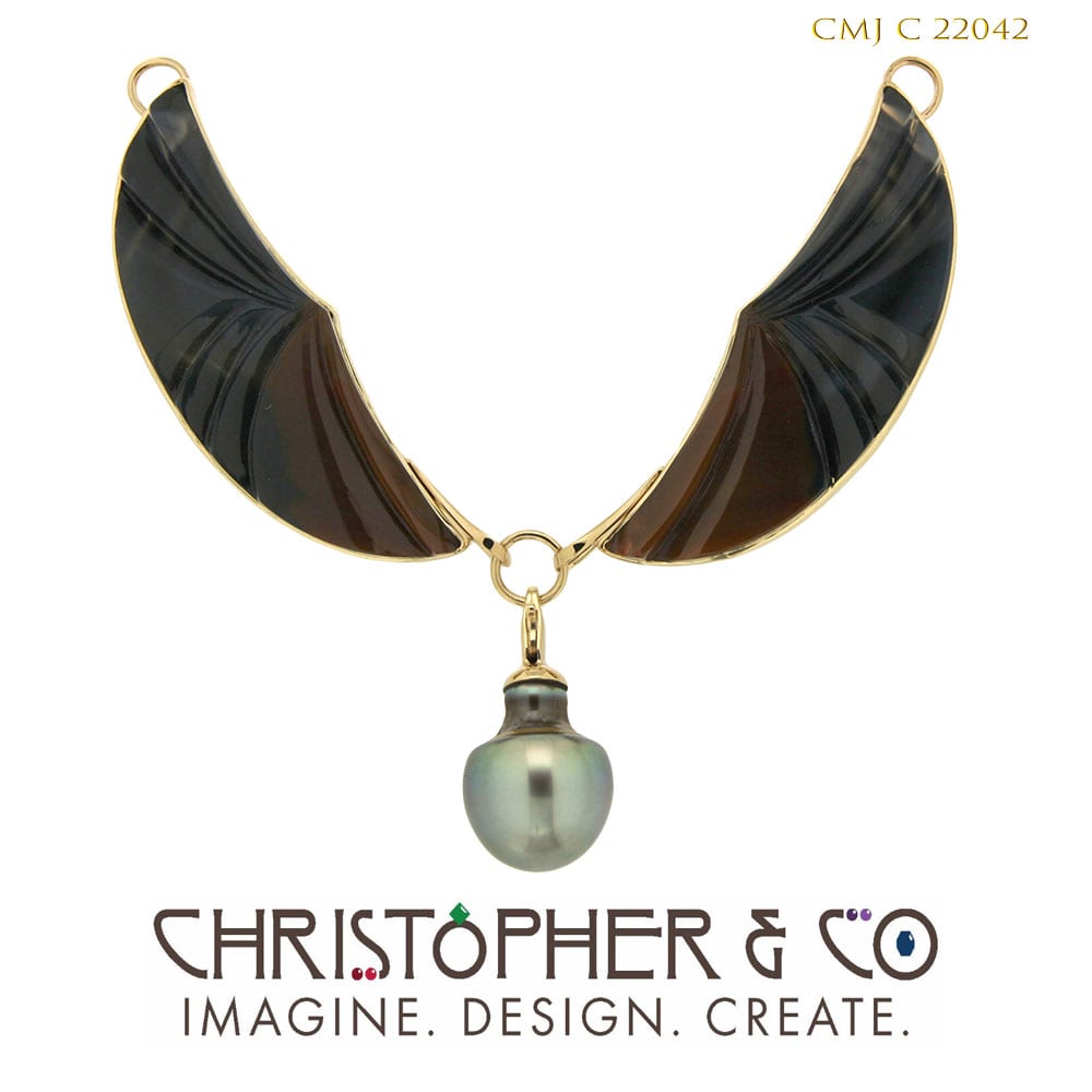 CMJ C 22042  Gold Pendant by Christopher M. Jupp set with Brazilian Agate handcut by Nick Alexander with Tahitian pearl element. by Christopher M. Jupp  Image: CMJ C 22042  Gold Pendant by Christopher M. Jupp set with Brazilian Agate handcut by Nick Alexander with Tahitian pearl element.