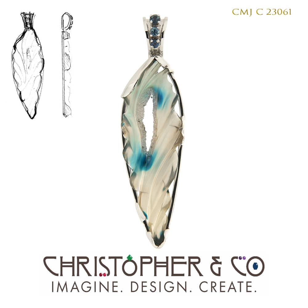 CMJ C 23061 White gold pendant designed by Christopher M. Jupp set with Brazilian Agate carved by Darryl Alexander. by Christopher M. Jupp, Image 1.