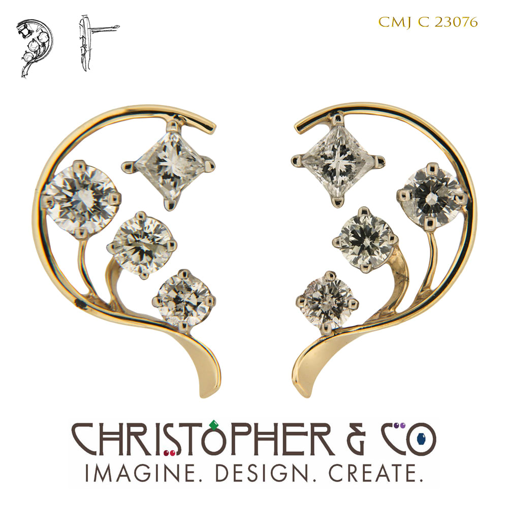 CMJ C 23076 Gold earrings set with diamonds designed by Christopher M. Jupp. by Christopher M. Jupp  Image: CMJ C 23076 Gold earrings set with diamonds designed by Christopher M. Jupp.