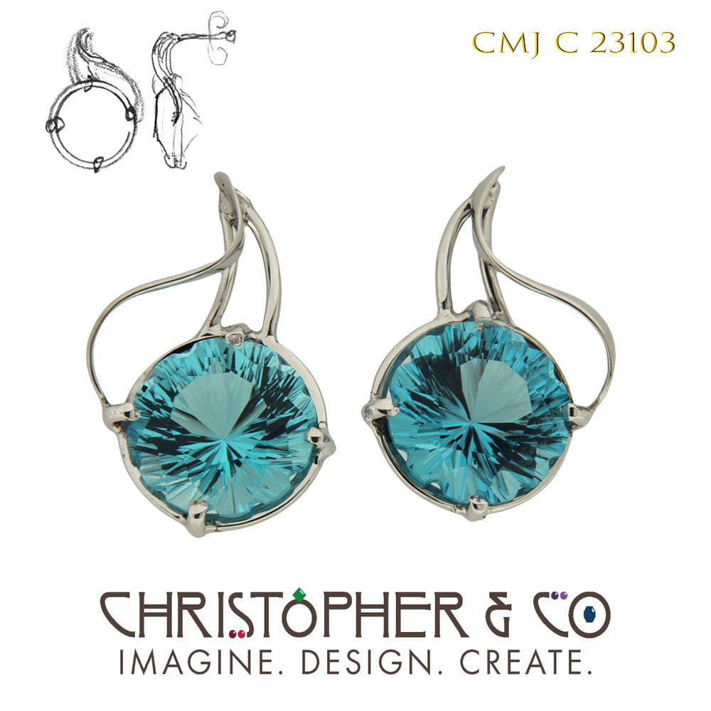 CMJ C 23103 White Gold Earring Pair designed by Christopher M. Jupp set with Swiss Blue Topaz hand cut by Richard Homer. by Christopher M. Jupp  Image: CMJ C 23103 White Gold Earring Pair designed by Christopher M. Jupp set with Swiss Blue Topaz hand cut by Richard Homer.