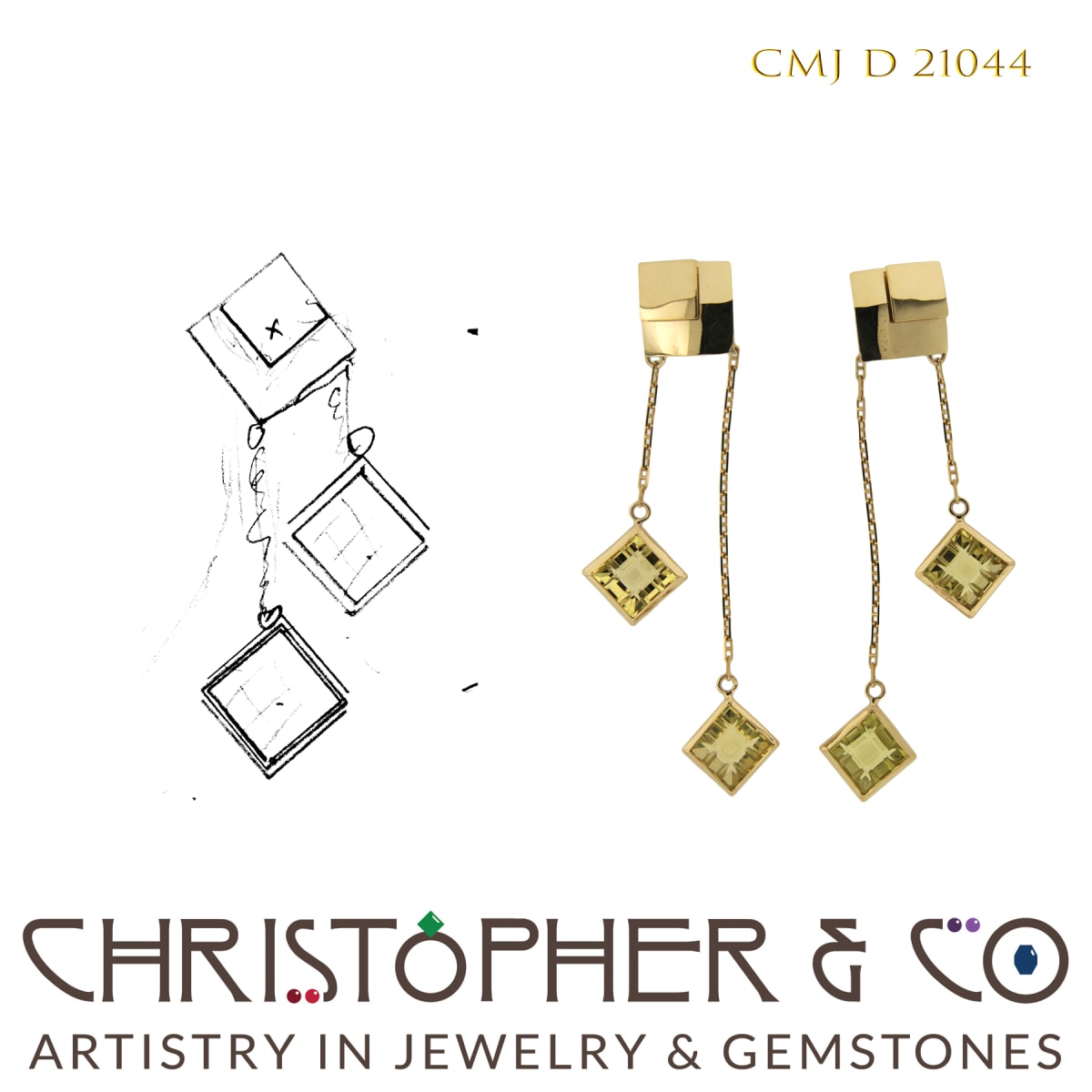 CMJ D 21044 Gold Earrings by Christopher M. Jupp set with four Lemon Citrine hand cut by Richard Homer  Image: CMJ D 21044 Gold Earrings by Christopher M. Jupp set with four Lemon Citrine Criss Cross tablets hand cut by Richard Homer