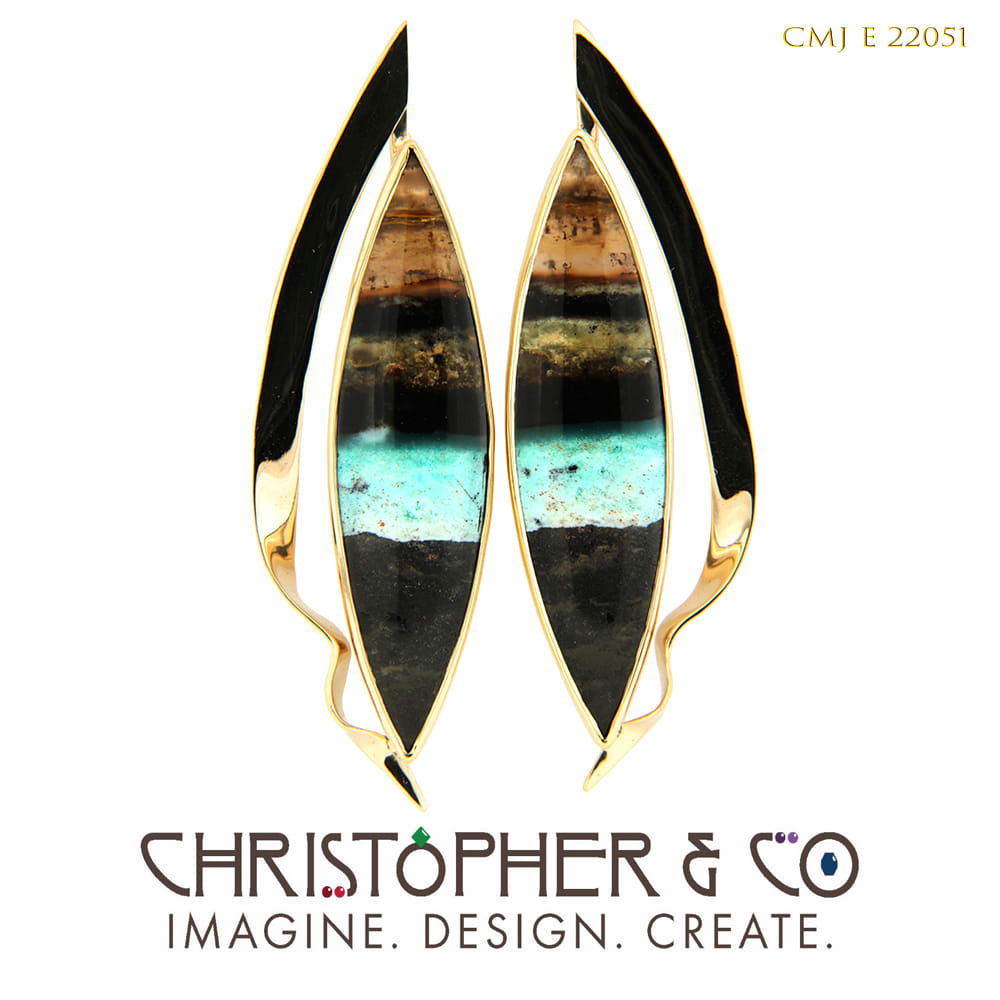 CMJ E 22051  Gold earring pair set with opalized wood designed by Christopher M. Jupp by Christopher M. Jupp  Image: CMJ E 22051  Gold earring pair set with opalized wood designed by Christopher M. Jupp