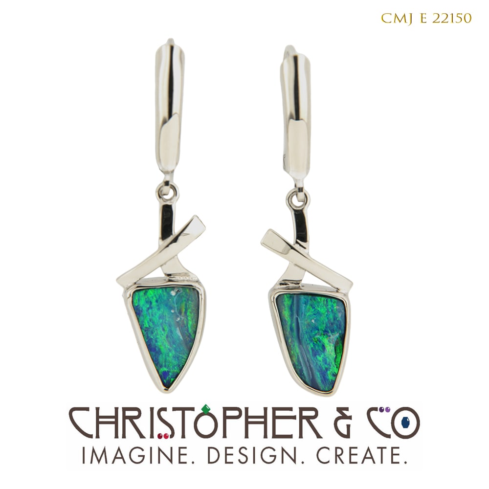 CMJ E 22150 White Gold Earring Pair set with opal doublets designed by Christopher M. Jupp. by Christopher M. Jupp  Image: CMJ E 22150 White Gold Earring Pair set with opal doublets designed by Christopher M. Jupp.