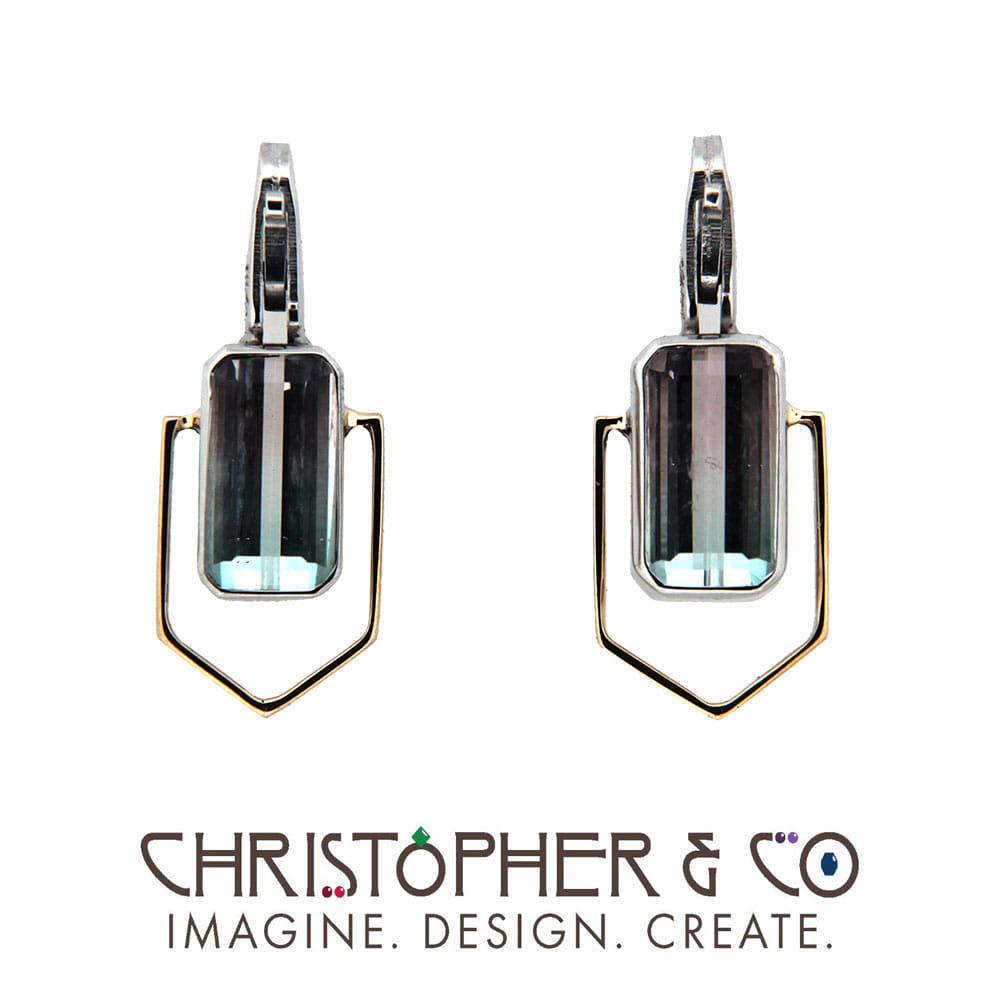 CMJ F 13115  Gold Element Pair set with Afghani Bicolor Tourmalines designed by Christopher M. Jupp.  Image: CMJ F 13115  Gold Element Pair set with Afghani Bicolor Tourmalines designed by Christopher M. Jupp.