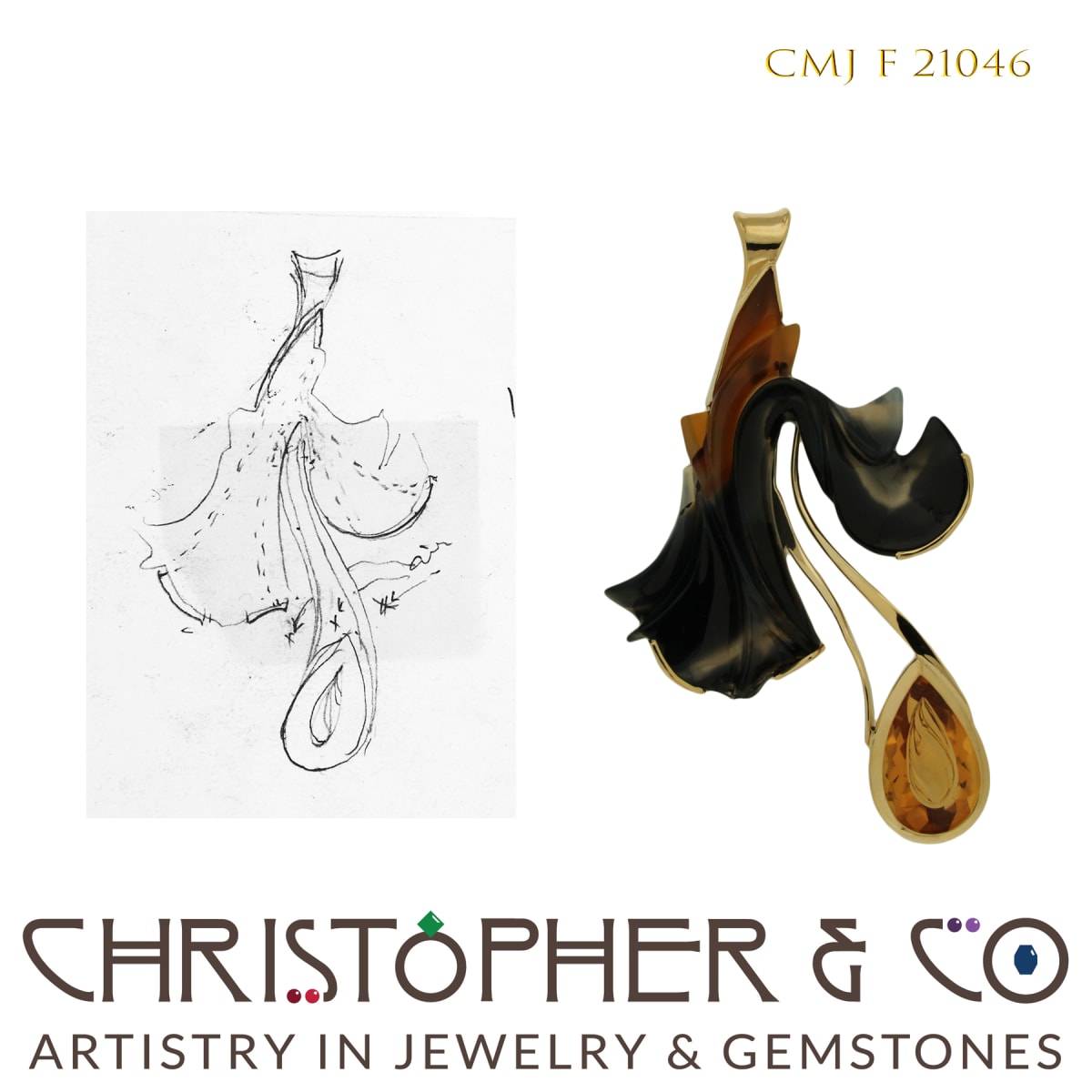 CMJ F 21046 Gold Pendant by Christopher M. Jupp set with handcarved Agate and Citrine by Darryl Alexander  Image: CMJ F 21046 Gold Pendant by Christopher M. Jupp set with handcarved Agate and Citrine by Darryl Alexander