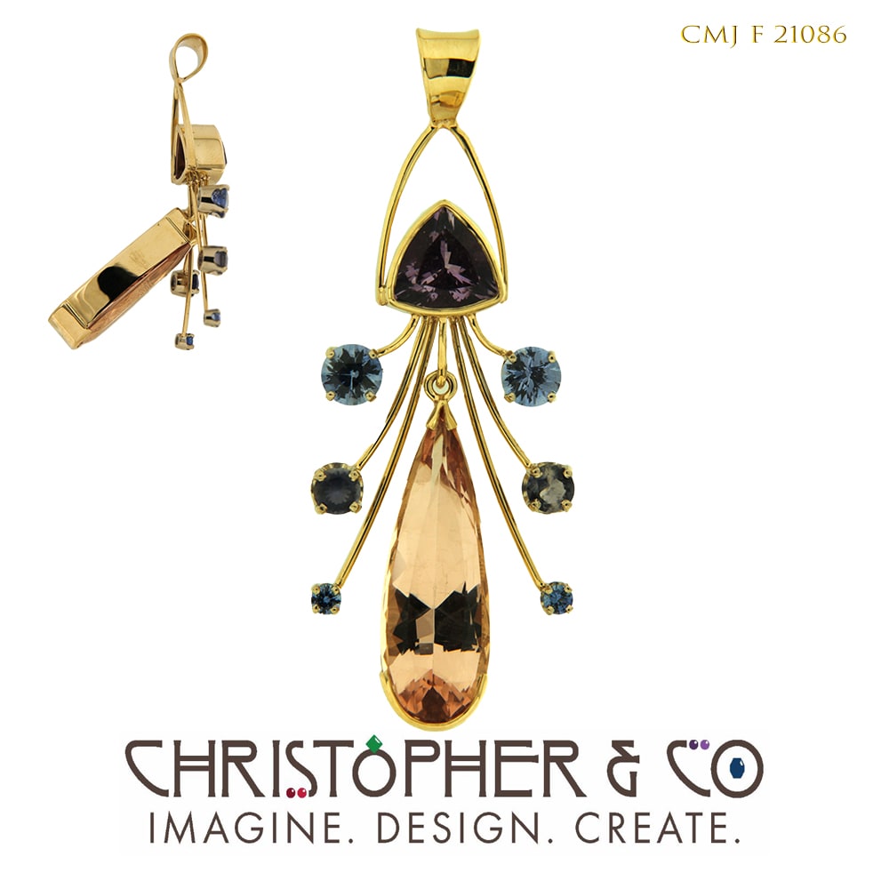 CMJ F 21086  Gold pendant designed by Christopher M. Jupp set with sapphires, amethyst and morganite. by Christopher M. Jupp  Image: CMJ F 21086  Gold pendant designed by Christopher M. Jupp set with sapphires, amethyst and morganite.