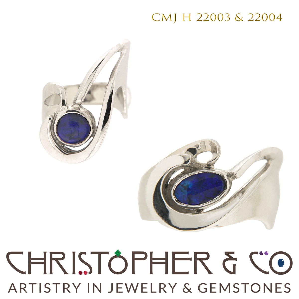 CMJ H 22003 & 22004  White gold wedding rings designed by Christopher M. Jupp and set with black opal cabachon. by Christopher M. Jupp  Image: CMJ H 22003 & 22004  White gold wedding rings designed by Christopher M. Jupp and set with black opal cabachon.