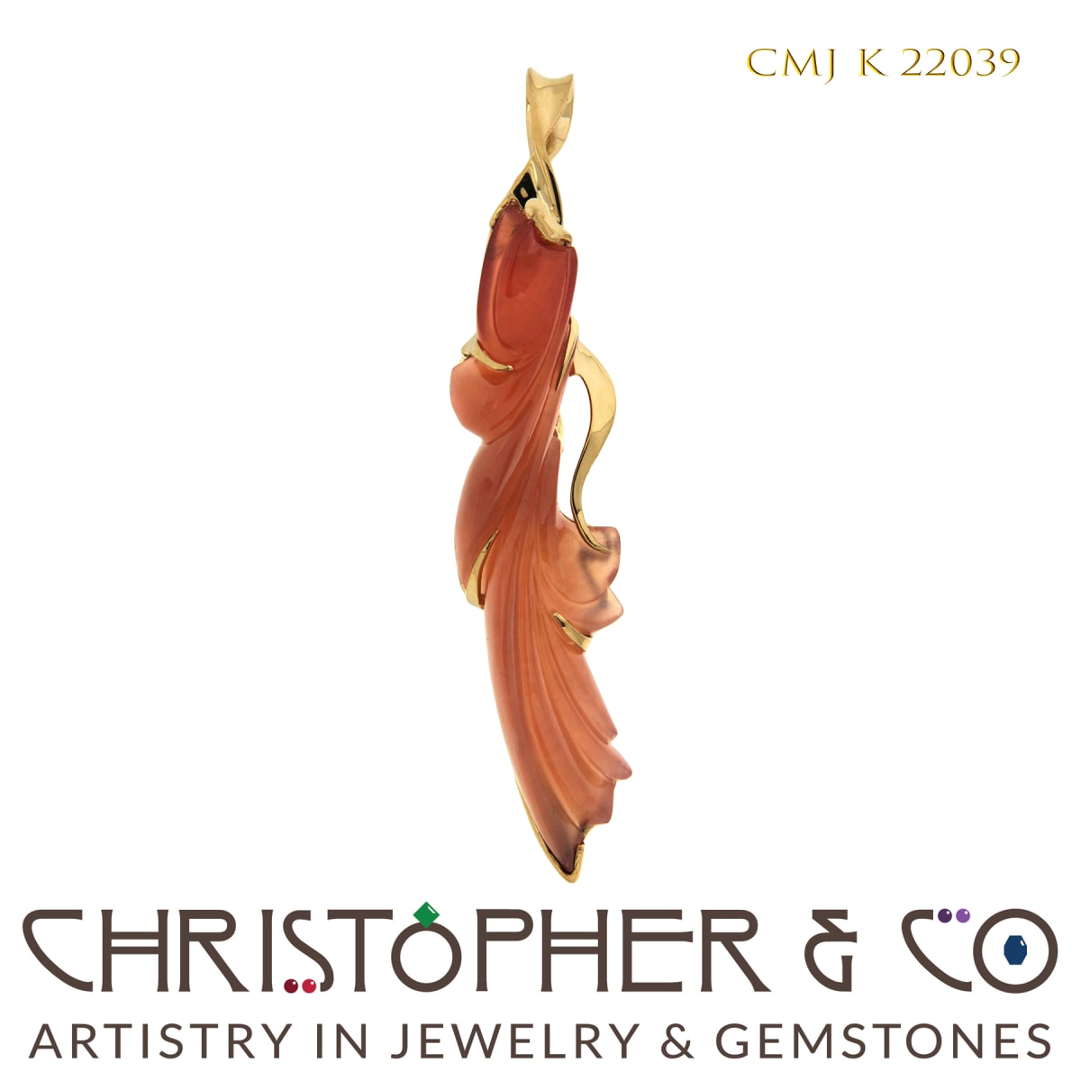 CMJ K 22039  Yellow gold pendant designed by Christopher M. Jupp set with grossular garnet handcarved by Darryl Alexander. by Christopher M. Jupp  Image: CMJ K 22039  Yellow gold pendant designed by Christopher M. Jupp set with grossular garnet handcarved by Darryl Alexander.