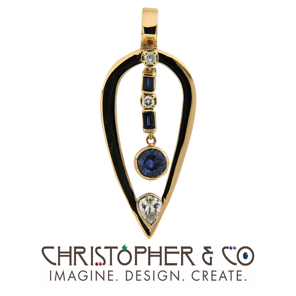 CMJ L 21111 Gold pendant designed by Christopher M. Jupp set with diamonds & sapphires. One sapphire hand cut by Richard Homer.  Image: CMJ L 21111 Gold pendant designed by Christopher M. Jupp set with diamonds & sapphires. One sapphire hand cut by Richard Homer.
