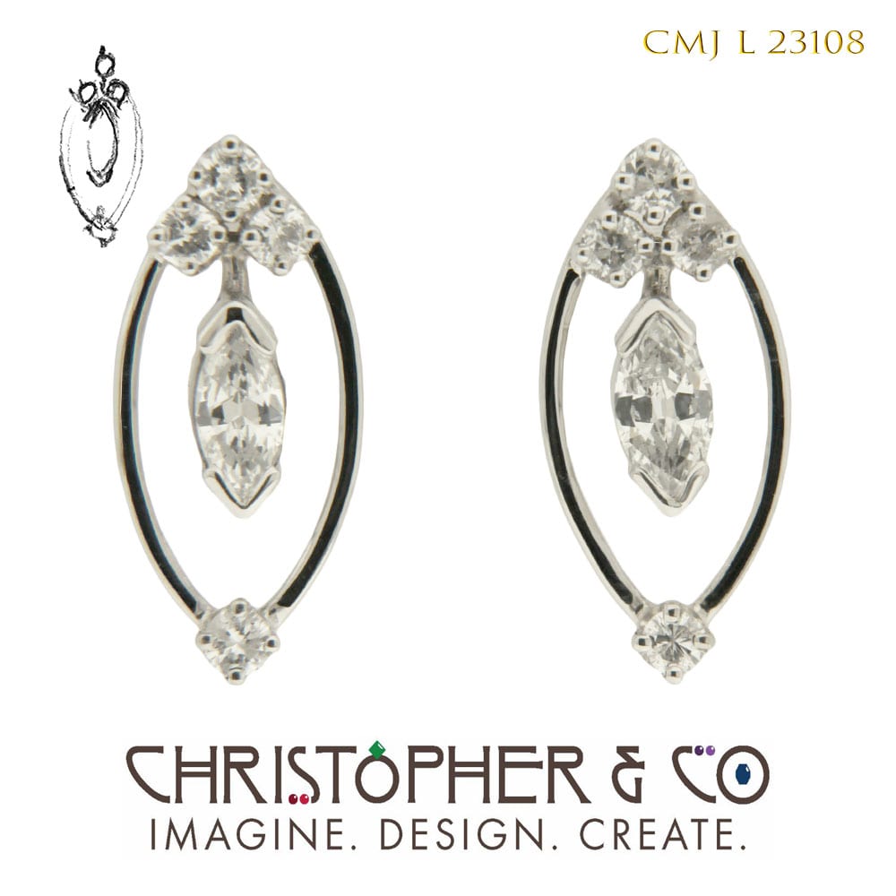 CMJ L 23018  White gold earring pair designed by Christopher M. Jupp.  The earrings are set with diamonds. by Christopher M. Jupp  Image: CMJ L 23018  White gold earring pair designed by Christopher M. Jupp.  The earrings are set with diamonds.