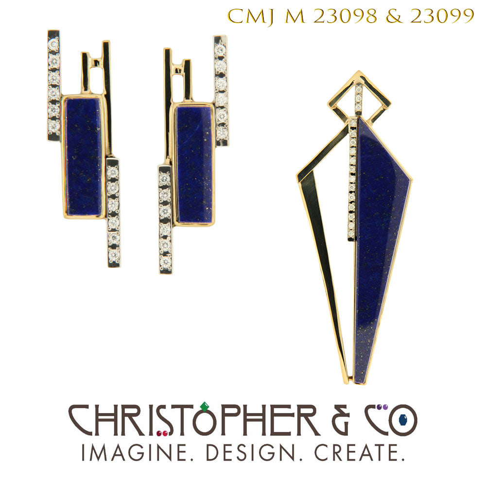 CMJ 23098 & 23099 Gold pendant and earrings by Christopher M. Jupp set with diamonds and lapis lazuli. by Christopher M. Jupp  Image: CMJ 23098 & 23099 Gold pendant and earrings by Christopher M. Jupp set with diamonds and lapis lazuli.