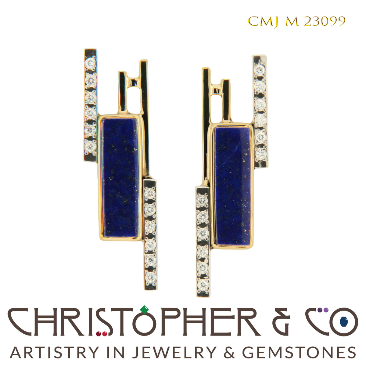 CMJ M 23099  Gold Earring Pair by Christopher M. Jupp set with diamonds and lapis lazuli. by Christopher M. Jupp  Image: CMJ M 23099  Gold Earring Pair by Christopher M. Jupp set with diamonds and lapis lazuli.