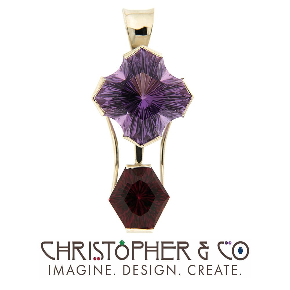 CMJ P 21136    White gold pendant set with amethyst and rubellite tourmaline both handcut by Richard Homer designed by Christopher M. Jupp.  Image: CMJ P 21136    White gold pendant set with amethyst and rubellite tourmaline both handcut by Richard Homer designed by Christopher M. Jupp.