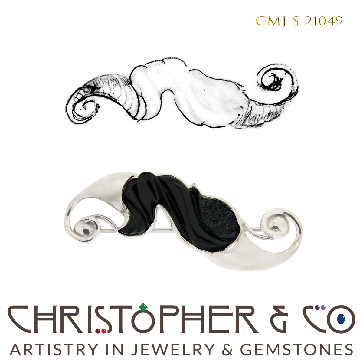 CMJ S 21050 White Gold Brooch by Christopher M. Jupp set with Black Onyx Drusy carved by Darryl Alexander  Image: CMJ S 21050 White Gold Brooch by Christopher M. Jupp set with Black Onyx Drusy carved by Darryl Alexander