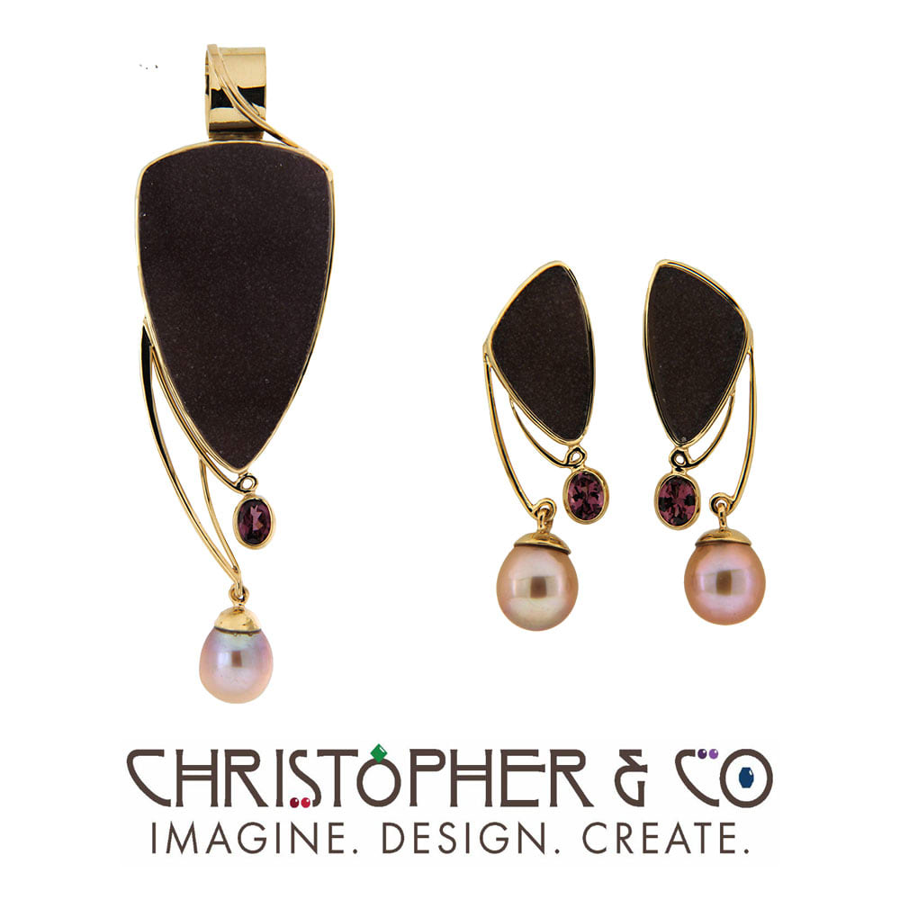 CMJ T 22014 & 22015  Gold pendant & earring set, set with drusy, garnet and pearl and designed by Christopher M. Jupp  Image: CMJ T 22014 & 22015  Gold pendant & earring set, set with drusy, garnet and pearl and designed by Christopher M. Jupp