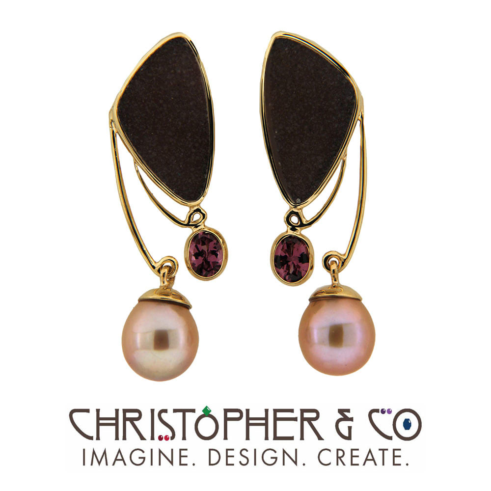 CMJ T 22014  Gold earring pair set with taupe drusy, garnet and Ming pearl designed by Christopher M. Jupp  Image: CMJ T 22014  Gold earring pair set with taupe drusy, garnet and Ming pearl designed by Christopher M. Jupp