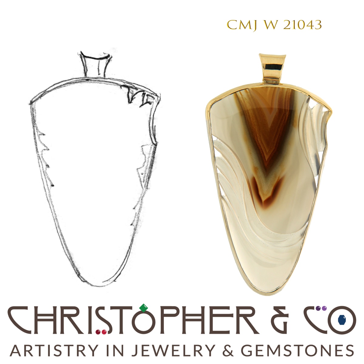 CMJ W 21043 Yellow & White Gold Pendant by Christopher M. Jupp set with Brazilian Agate handcarved by Darryl Alexander.  Image: CMJ W 21043 Yellow & White Gold Pendant by Christopher M. Jupp set with Brazilian Agate handcarved by Darryl Alexander.