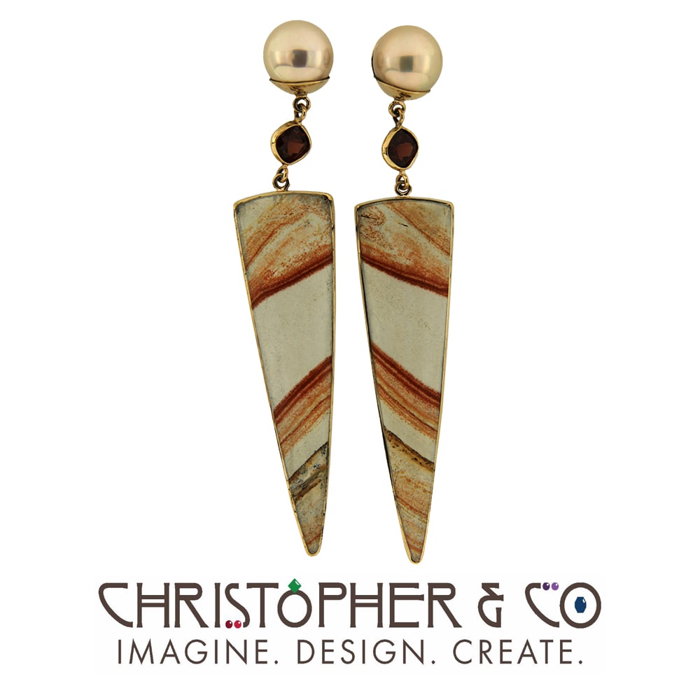 CMJ W 21169  Gold earring pair designed by Christopher M. Jupp  set with Jasper, Garnet & Pearl.  Image: CMJ W 21169  Gold earring pair designed by Christopher M. Jupp  set with Jasper, Garnet & Pearl.