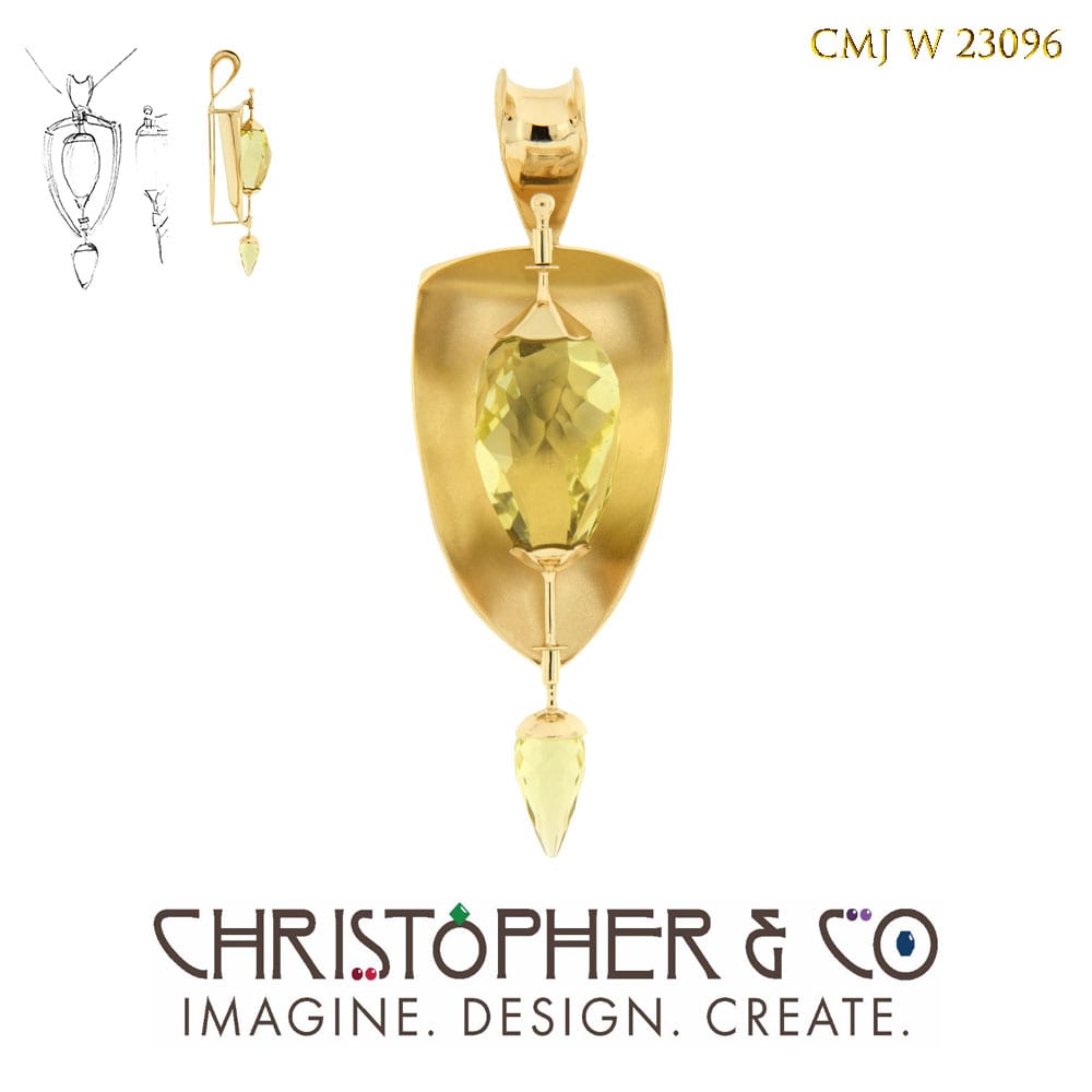 CMJ W 23096 Gold spinning pendant designed by Christopher M. Jupp set with one OroVerde Citrine briolette cut by Richard Homer. by Christopher M. Jupp  Image: CMJ W 23096 Gold spinning pendant designed by Christopher M. Jupp set with one OroVerde Citrine briolette cut by Richard Homer.
