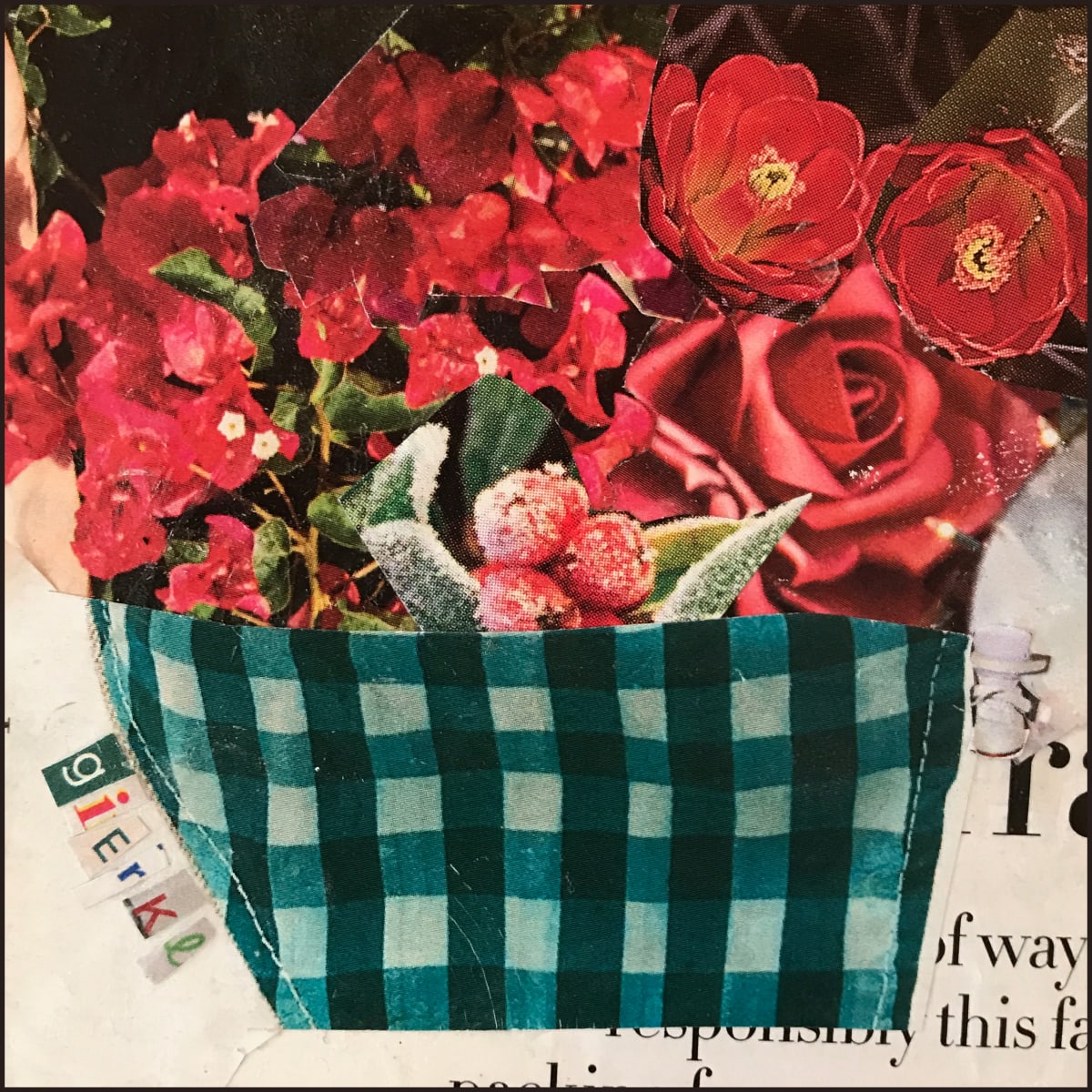 Green Check with Red Flowers, Image 1.
