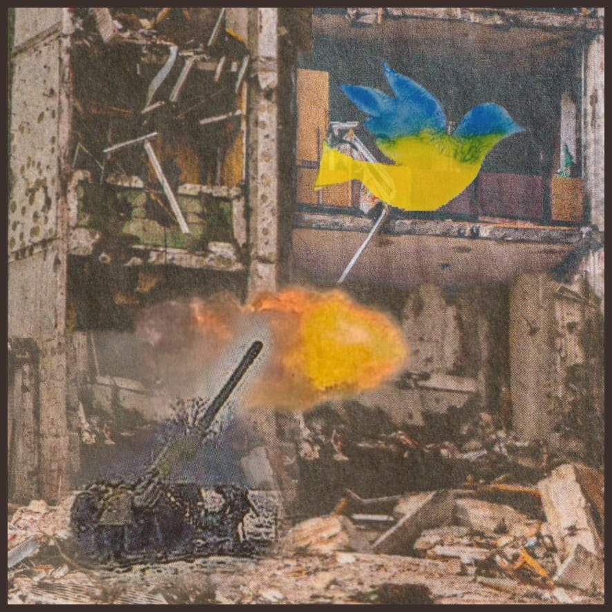 War and Peace  Image: Using various images from the war in Ukraine and a dove created in monotype, I composed this digital collage in photoshop.
