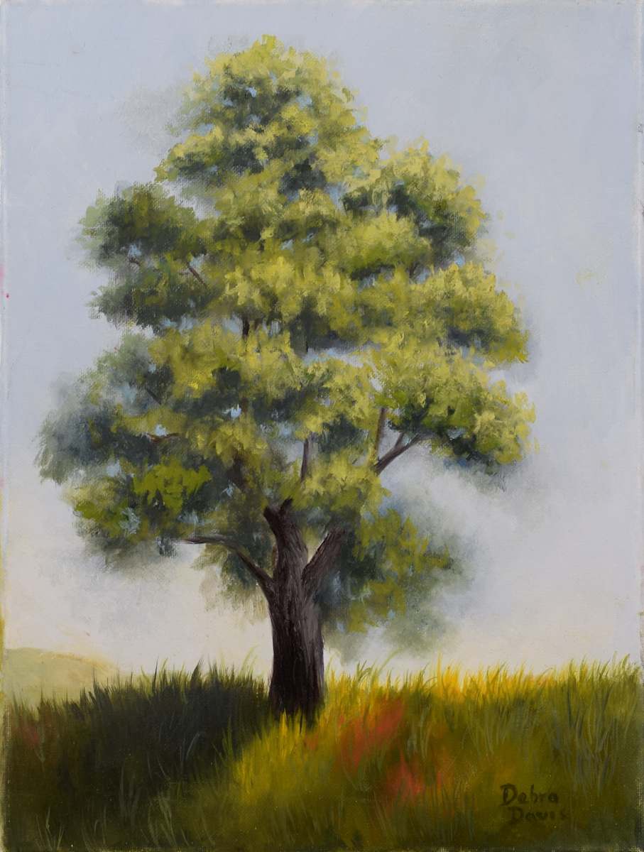 The Listening Tree by Debra Davis  Image: Some trees don’t just grow — they seem to listen. “The Listening Tree” stands alone, strong and rooted, in a quiet field of sunlight and shade. It’s a portrait of presence and peace, painted to honor the still spaces in life where we can pause, reflect, and feel heard.