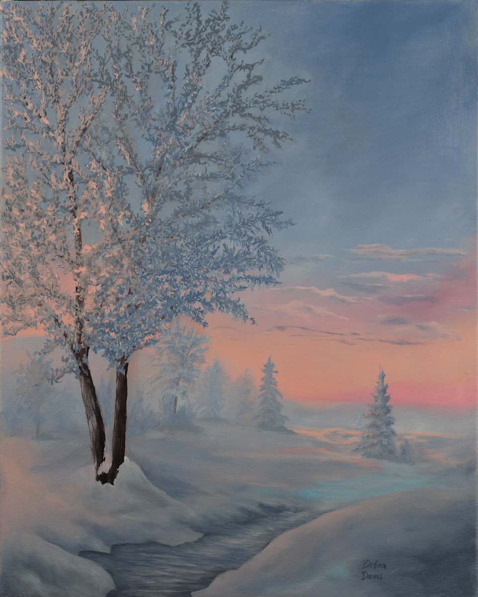 Silent Radience by Debra Davis  Image: A hush falls over the land as dawn paints the sky in rose and ice.
This winter oil painting captures the stillness and beauty of a snowy morning, where light arrives quietly and the world stands still.
Painted with soft tones and gentle intention, it’s a piece that brings peace and breath to any space
