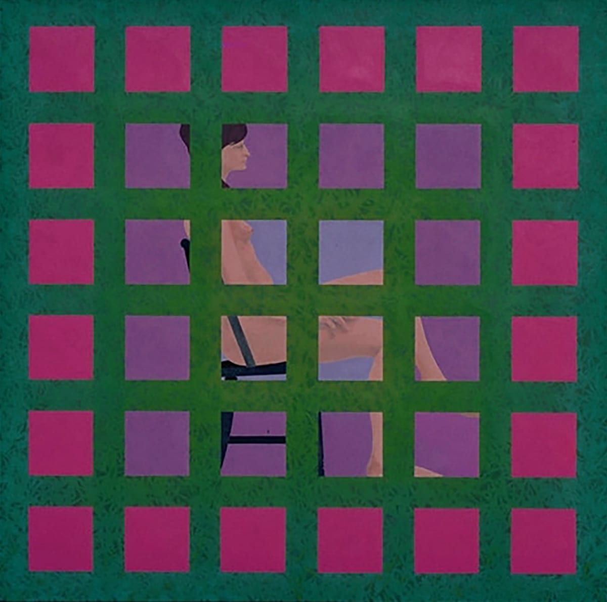 Nude w/ Grid  Image: Red shifting to violet, green slightly more saturated in center. All colors would  change in the slides. Kodachrome or Ecktachrome? Or Agfa Chrome?...plus trying to a correct color balance.