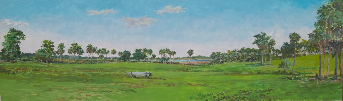 PASTURE w/PIPES  Image: A view of a lake, a pasture, and a load of pipes. Painted on site.
