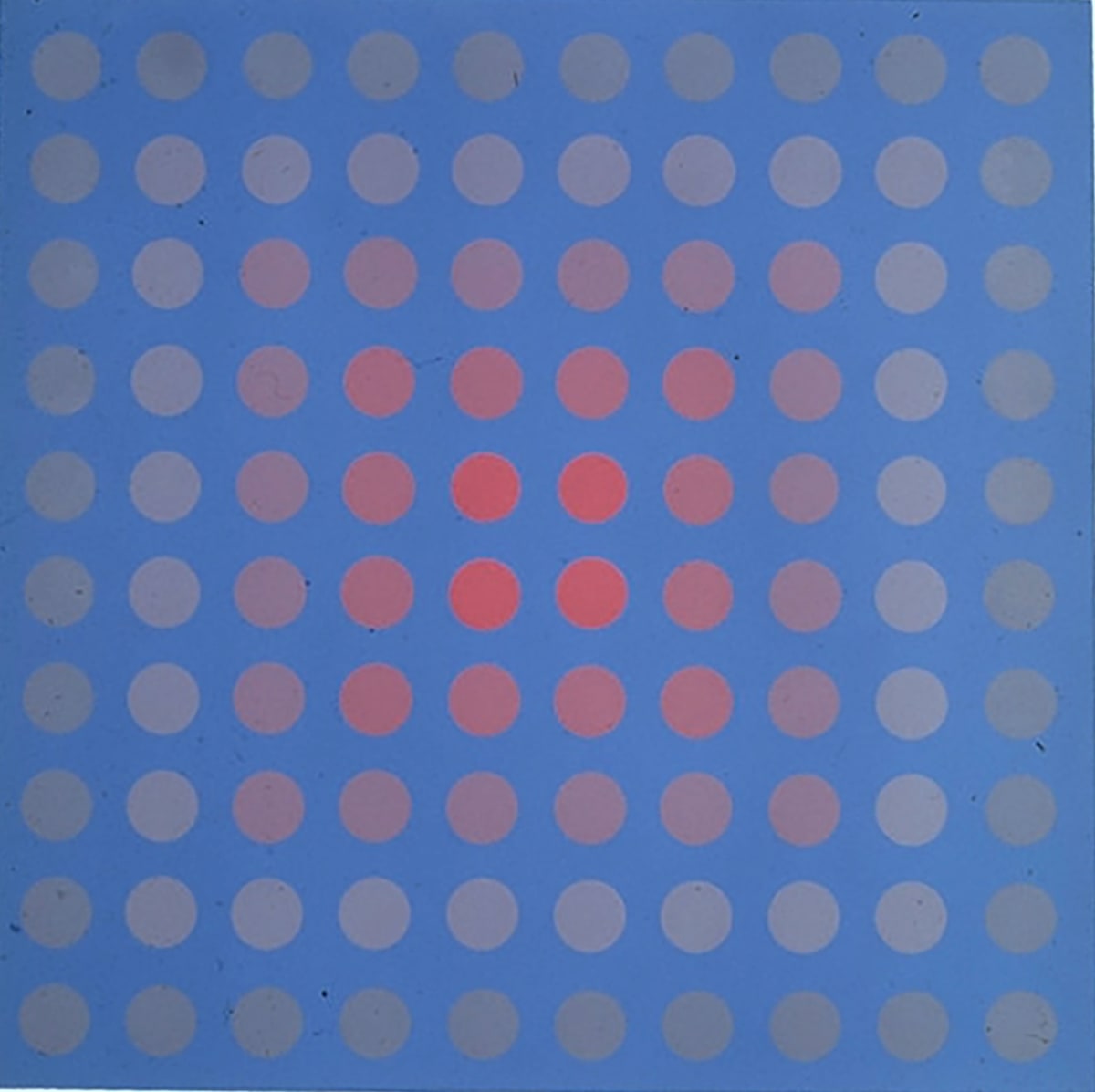 Red Dots SS by Bruce Marsh  Image: A color exercise. The red goes from highly saturated in the cneter to gray around the periphery. Mixing the colors was labor intensive! I would print a small square, compare it to it's neighbor, and tweak it. I had a wall covered with color swatches.
