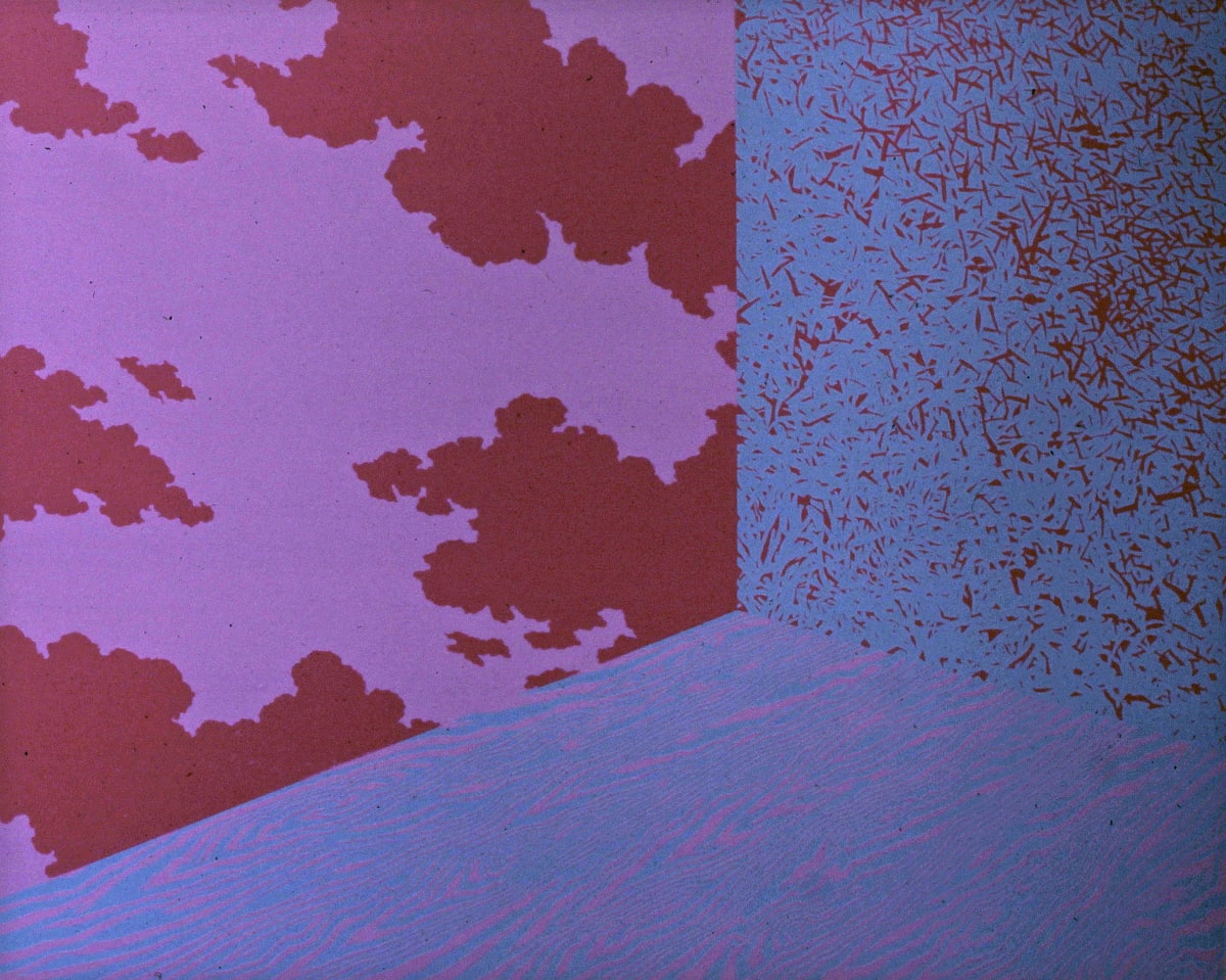 Room Red Clouds Grass SS  Image: An imagined room, textured walls and floor. A silkscreen print.