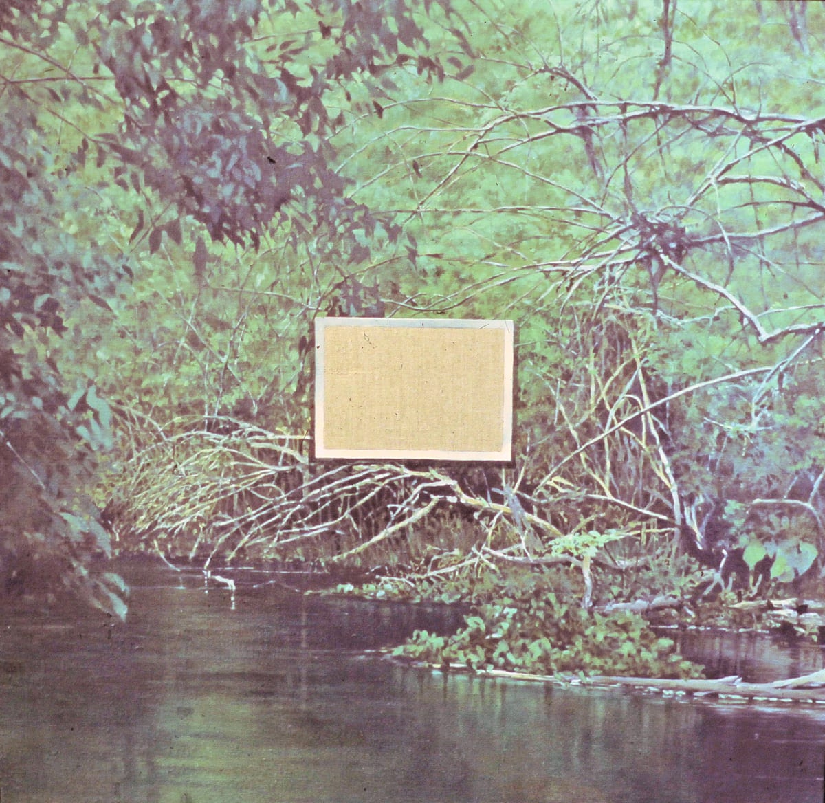 Trees Small Canvas  Image: A small rectangle of bare linen, floating over a river bank.
