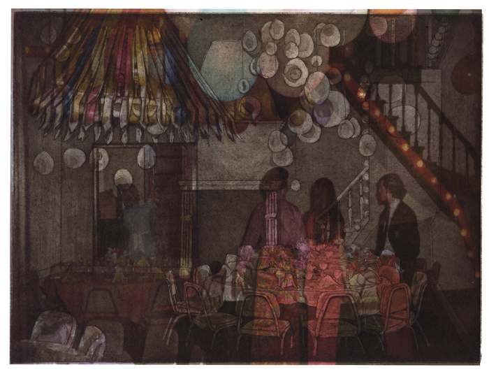 A Buffalo Birthday Bash Revisited by Eliza Frensley  Image: Eliza Frensley, A Buffalo Birthday Bash Revisited, 2024, etching on Epson digital print, 9 x 12 in. 
