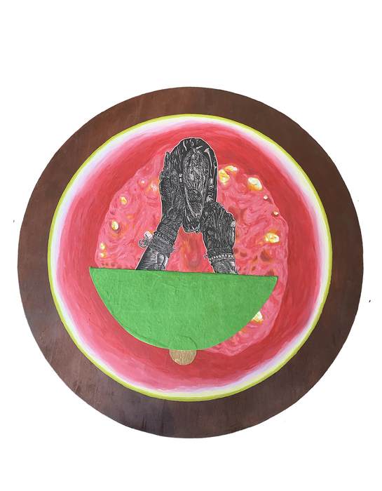 Traveling Seeds by Nicole Godreau Soria  Image: Nicole Godreau Soria, Traveling Seeds, 2022, relief, acrylic, handmade paper, metal leaf, and wood, 45 x 45 x .5 in.