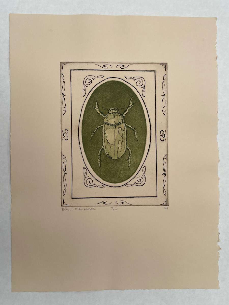 Bug Like an Angel by Gracie Jones  Image: Gracie Jones, "Bug Like an Angel", 2024, intaglio with aquatint, 15 x 11 in.