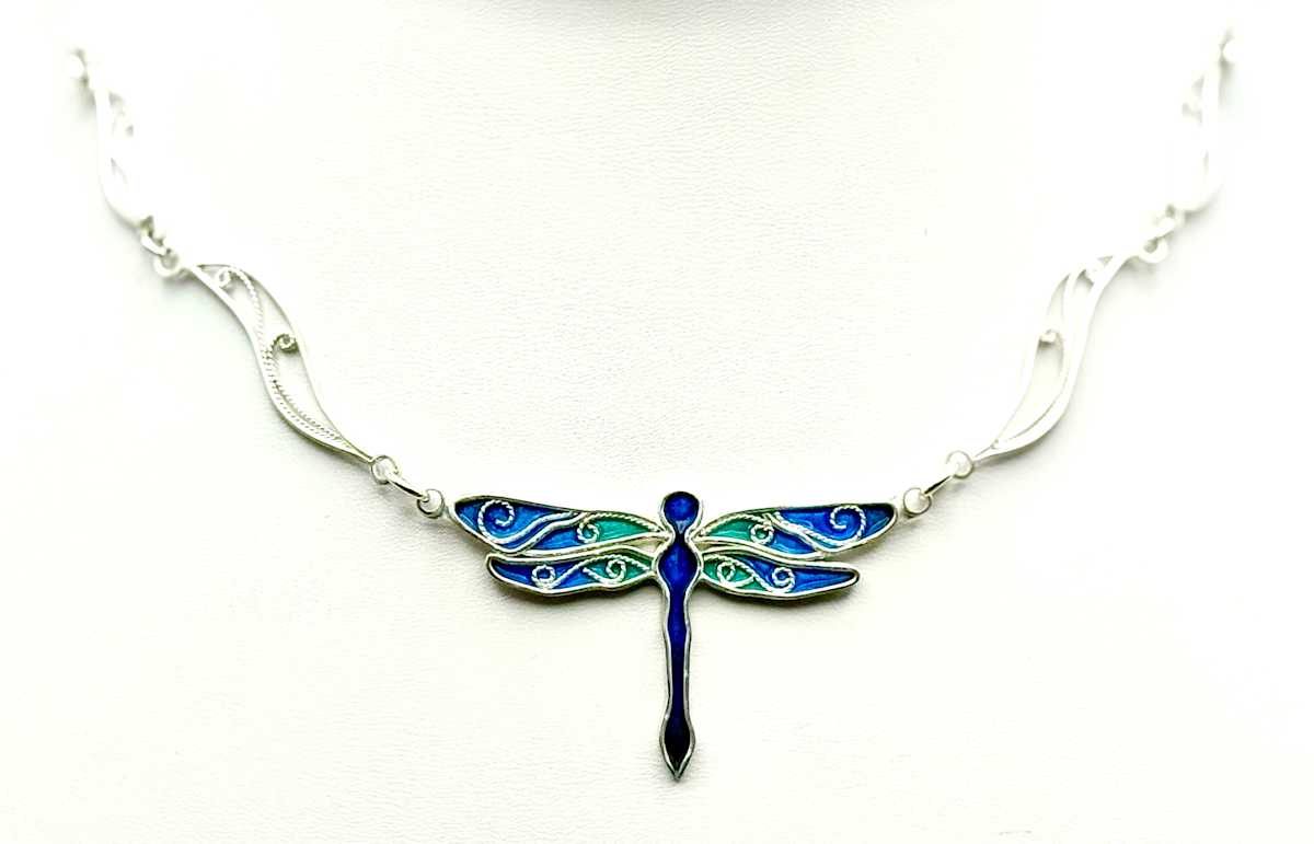 Blue Damsel by Tara Muldrow  Image: Tara Muldrow, "Blue Damsel", 2024, vitreous enamel and Argentium silver, 1.25 x 2 in (pendant); 1.25 x 20 in (necklace).
