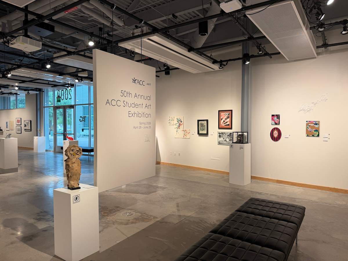 Gallery view of student artworks from the "50th Annual ACC Student Art Exhibition," in 2026.